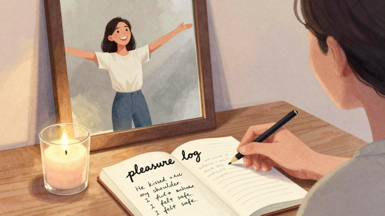 A handwritten pleasure log beside a candle, with a person standing tall and smiling at their reflection.