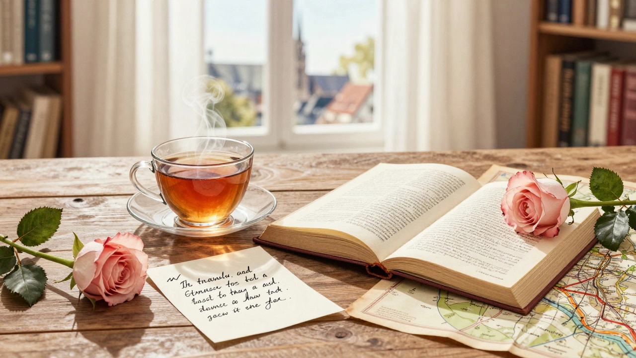 A quiet moment with a teacup, open book, and rose beside a map of Strasbourg, evoking connection.
