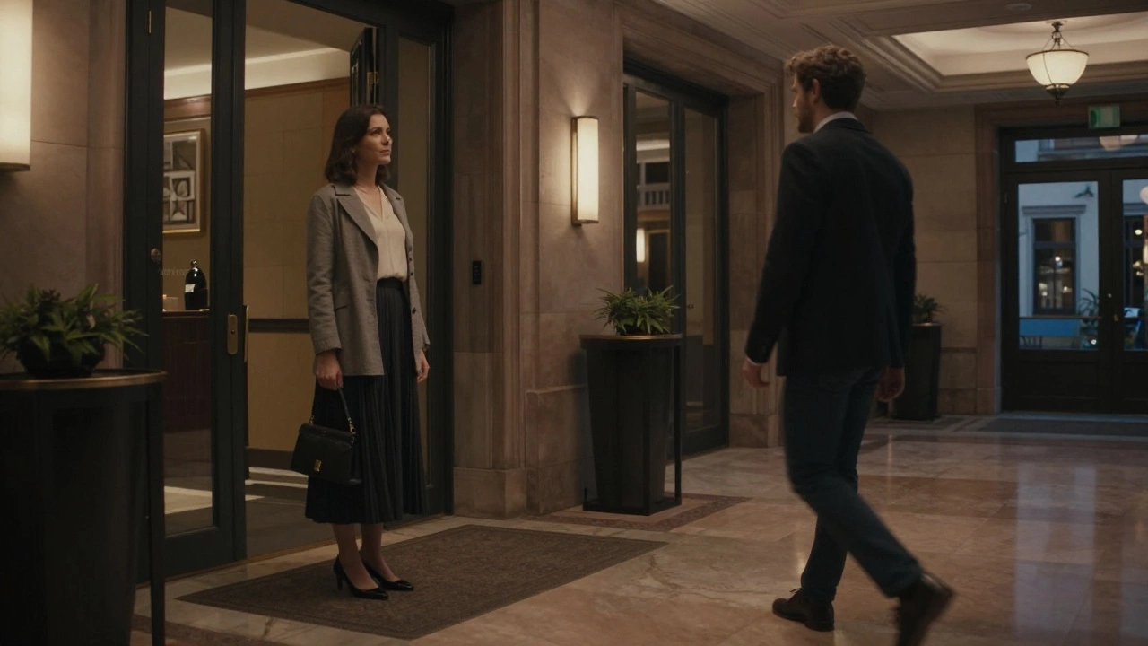 A respectful first meeting in a hotel lobby in Strasbourg, both figures poised and courteous.