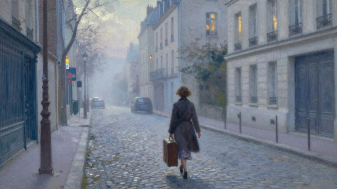 A woman walks away down a quiet Paris street at dawn, suitcase in hand, the city waking slowly behind her.